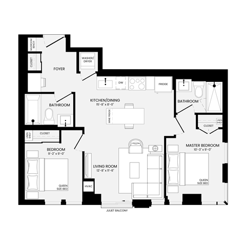 Floor plan for 2 beds, 2 baths, 745 sqft