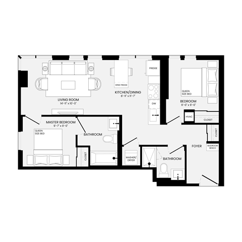 Floor plan for 2 beds, 2 baths, 784 sqft