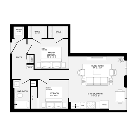 Floor plan for 2 beds, 2 baths, 827 sqft