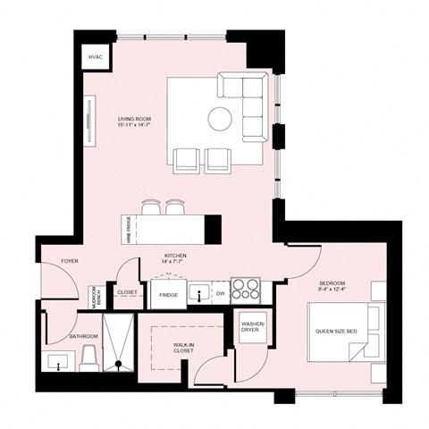 Floor plan for 1 bed, 1 bath, 720 sqft