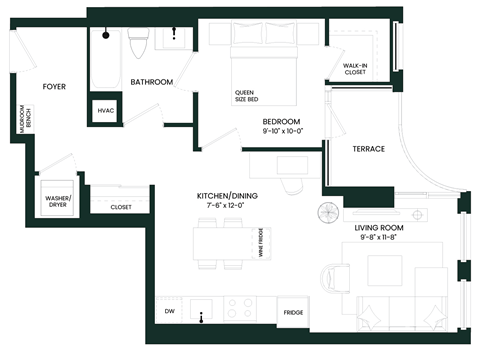 Floor plan for 1 bed, 1 bath, 655 sqft