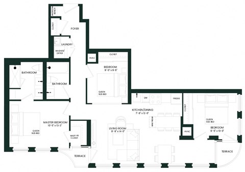 Floor plan for 3 beds, 2 baths, 1065 sqft