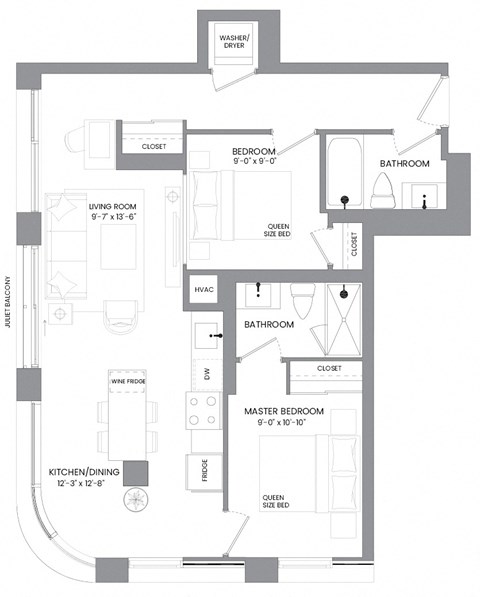 Floor plan for 2 beds, 2 baths, 799 sqft