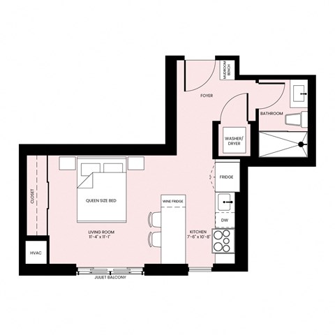 Floor plan for studio, 1 bath, 430 sqft