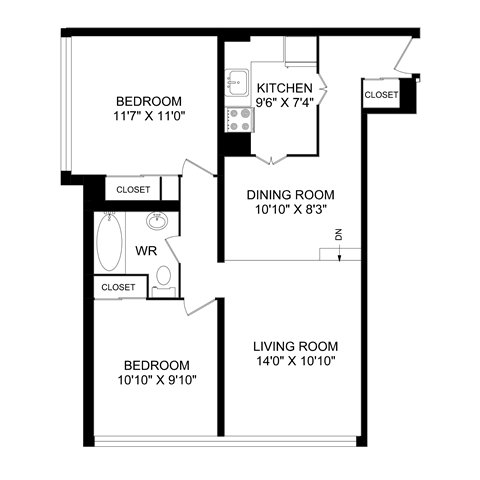 Floor plan for 2 beds, 1 bath, 792 sqft