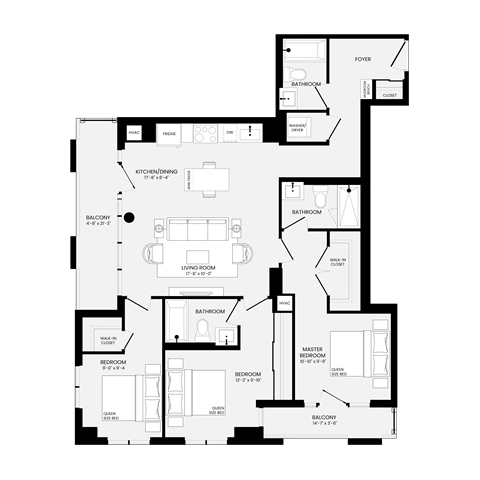 Floor plan for 3 beds, 2 baths, 1208 sqft