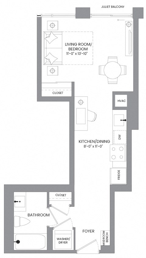 Floor plan for studio, 1 bath, 454 sqft