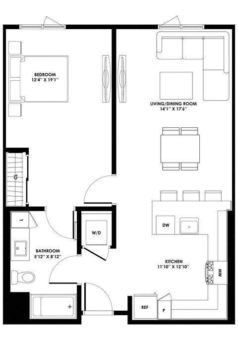 Floor plan for 1 bed, 1 bath, 890 sqft