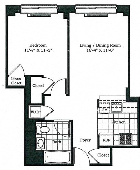 Floor plan for 1 bed, 1 bath, 640 sqft