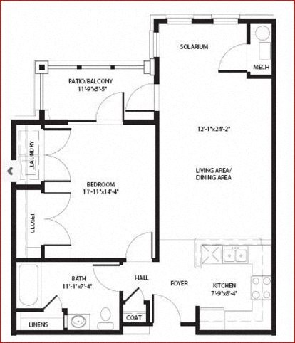 Floor plan for 1 bed, 1 bath, 767 sqft