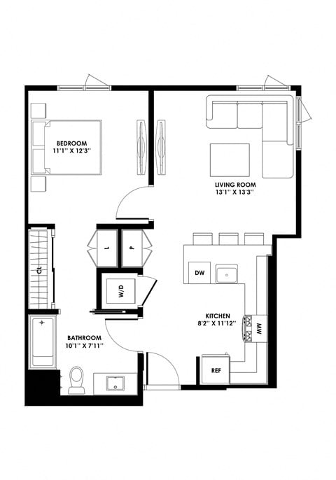 Floor plan for 1 bed, 1 bath, 696 sqft