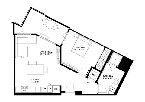 Floor plan for 1 bed, 1 bath, 788 sqft