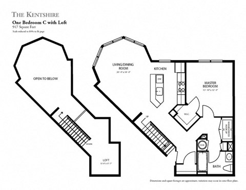 Floor plan for 1 bed, 1 bath, 917 sqft