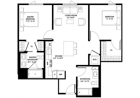 Floor plan for 2 beds, 2 baths, 985 sqft