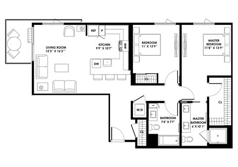 Floor plan for 2 beds, 2 baths, 1154 sqft