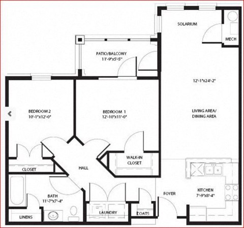 Floor plan for 2 beds, 1 bath, 958 sqft