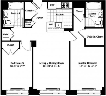 Floor plan for 2 beds, 2 baths, 927 sqft