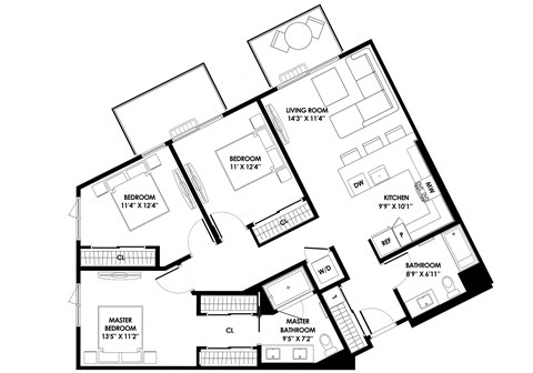 Floor plan for 3 beds, 2 baths, 1264 sqft