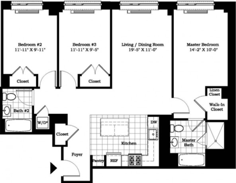 Floor plan for 3 beds, 2 baths, 1240 sqft
