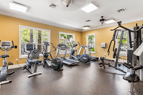Tampa apartment for rent - A spacious gym with various exercise equipment and a ceiling fan.