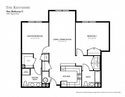 Floor plan for 2 beds, 2 baths, 1091 sqft