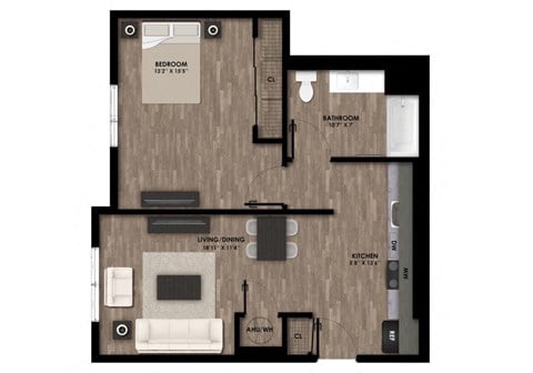 Floor plan for 1 bed, 1 bath, 591 sqft