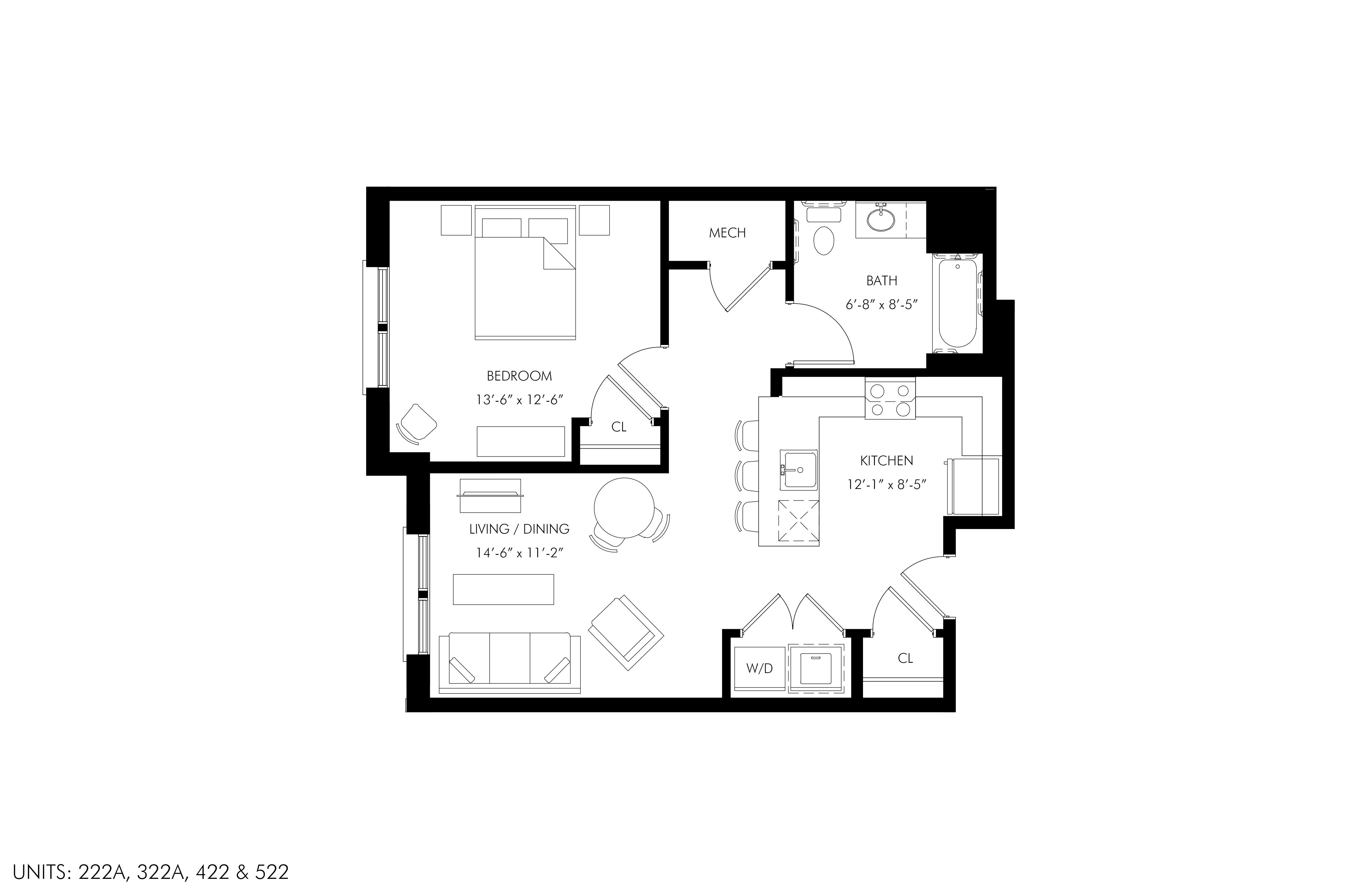 Floor plan for 1 bed, 1 bath, 690 sqft