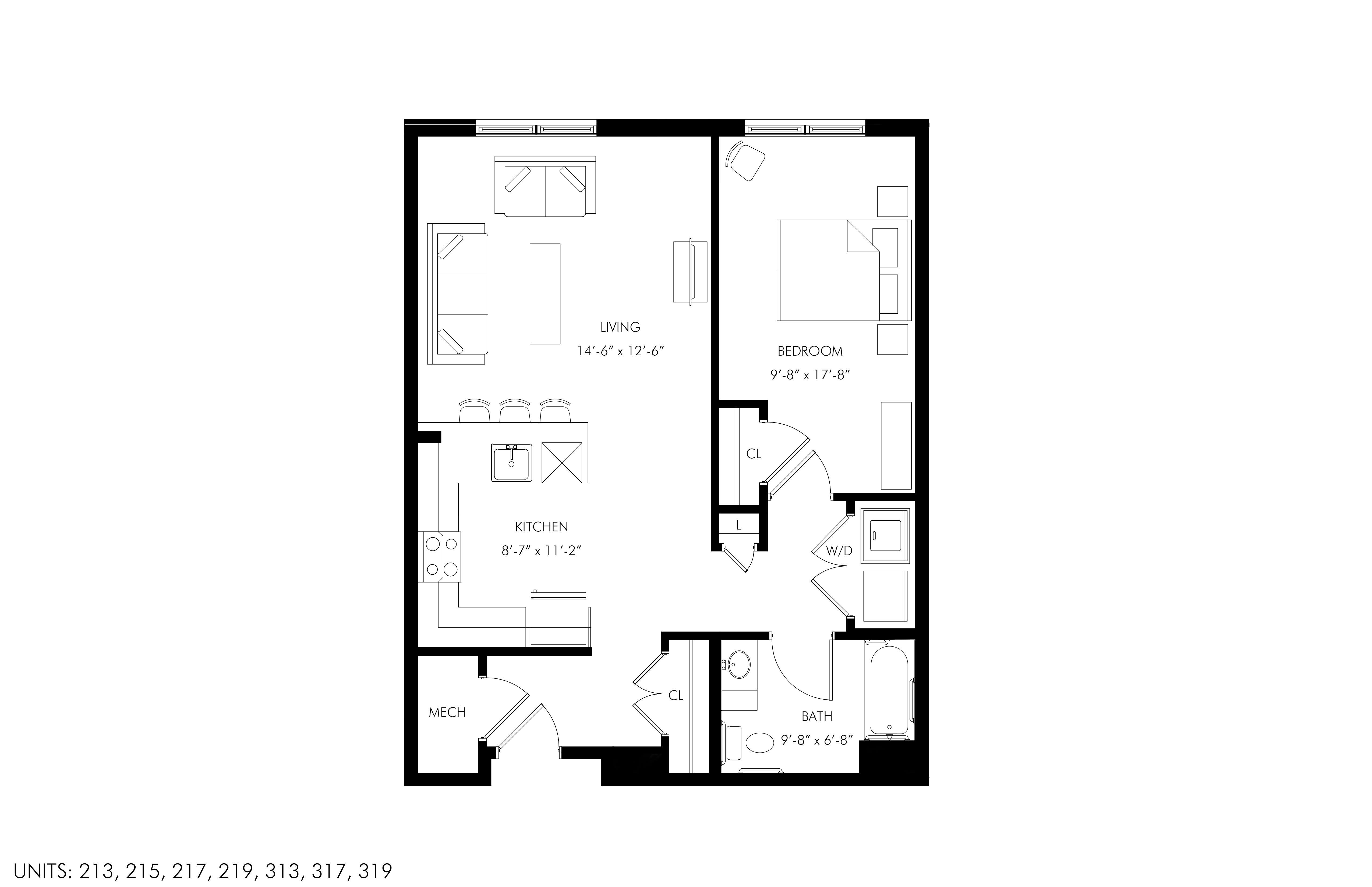 Floor plan for 1 bed, 1 bath, 790 sqft