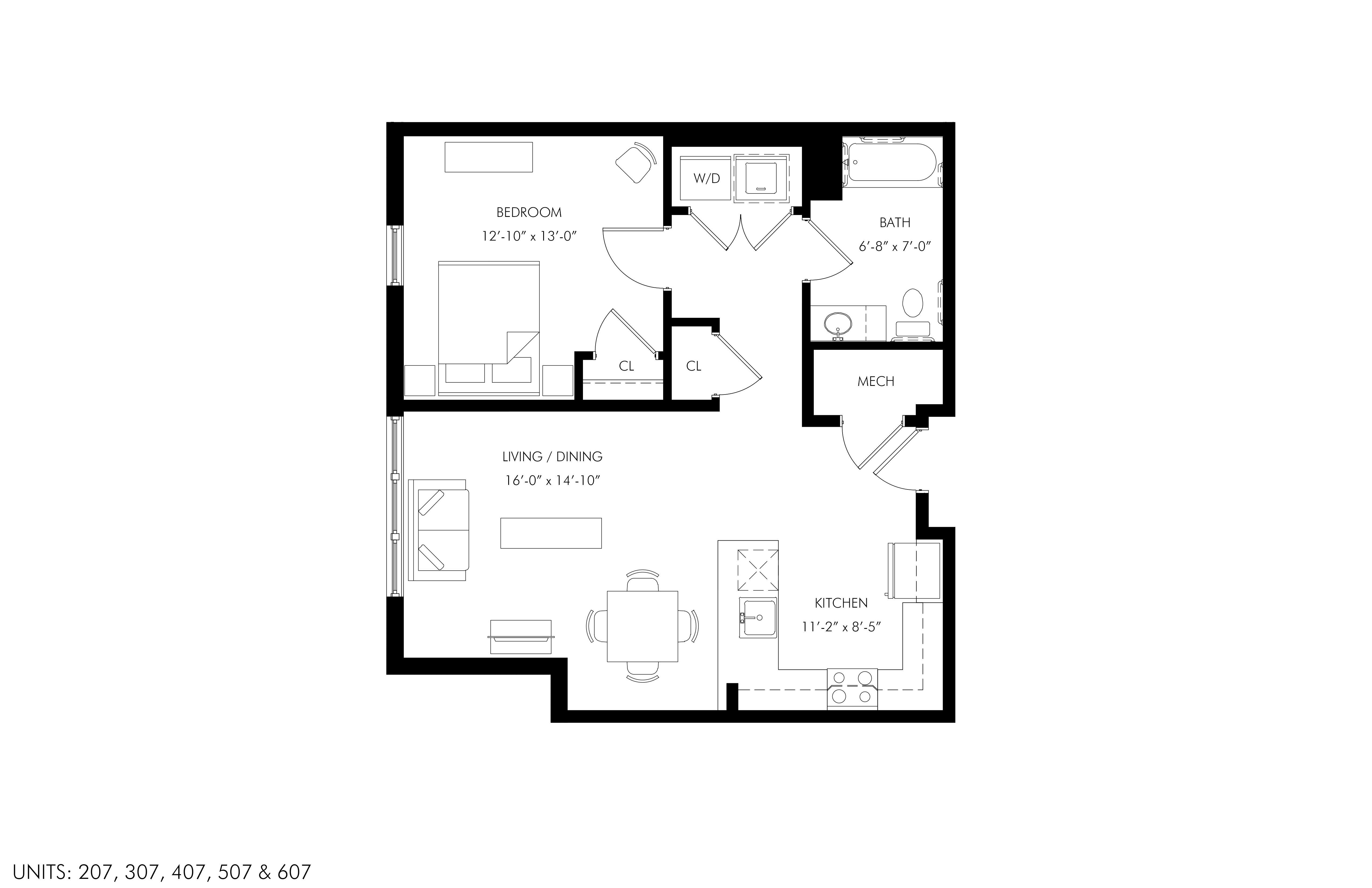 Floor plan for 1 bed, 1 bath, 730 sqft