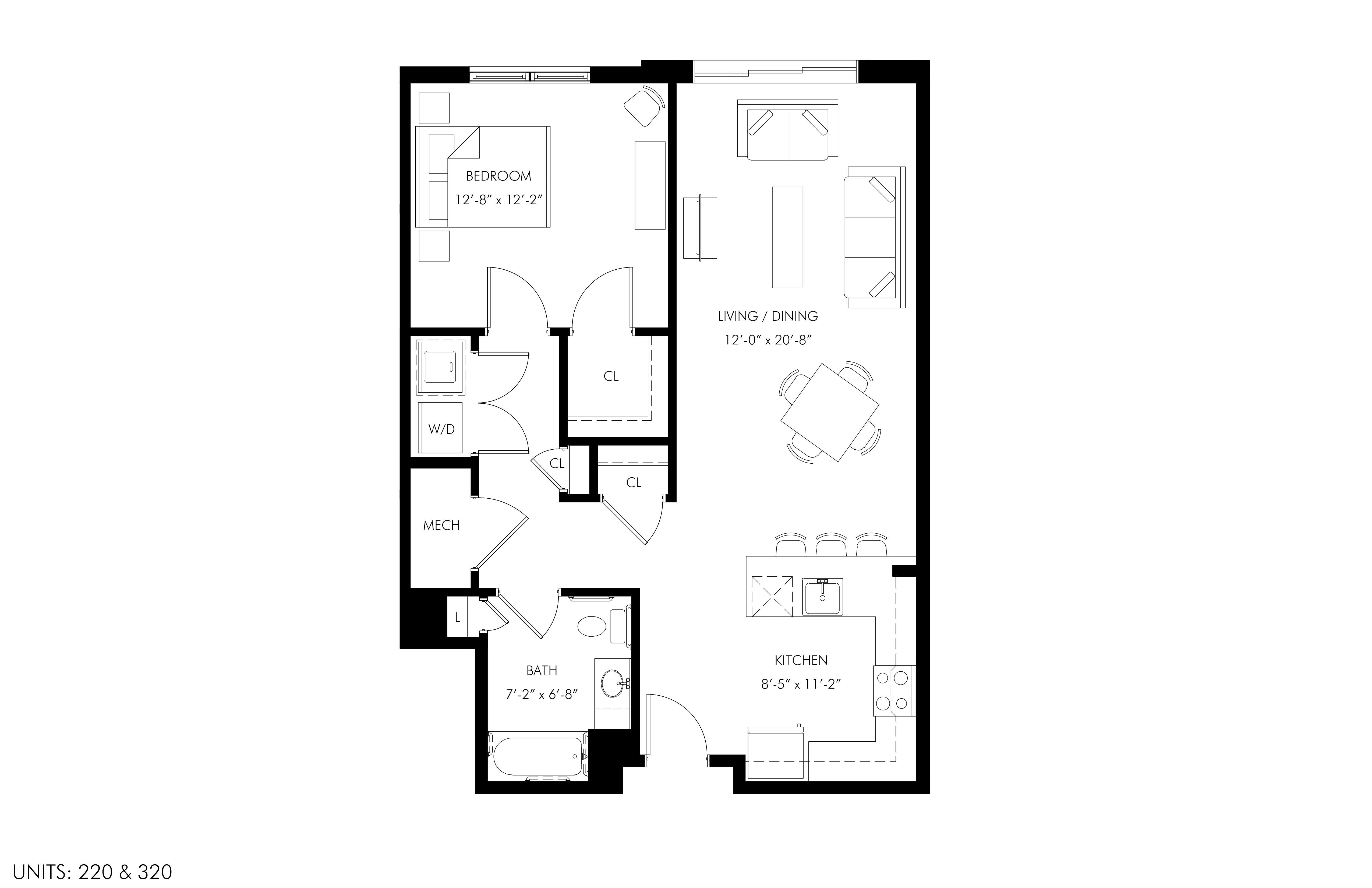 Floor plan for 1 bed, 1 bath, 830 sqft