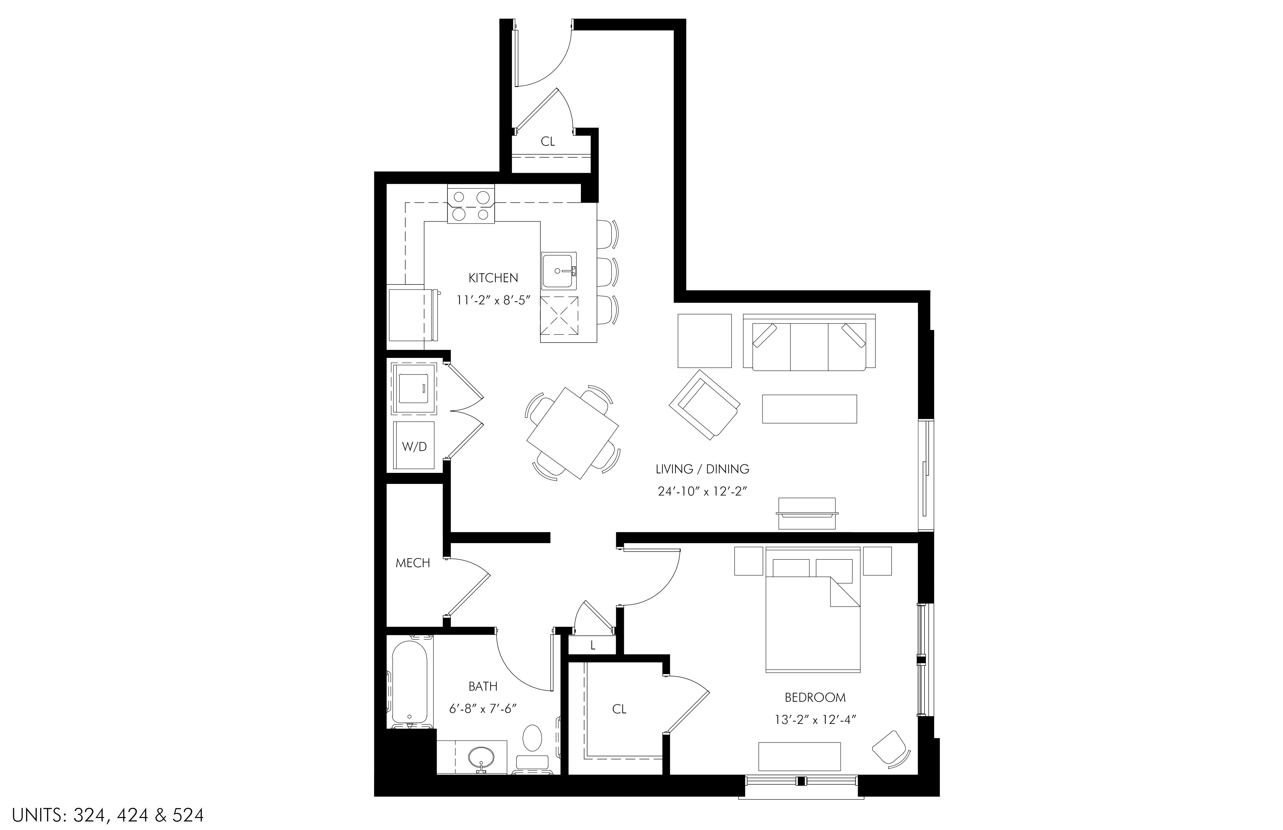 Floor plan for 1 bed, 1 bath, 870 sqft