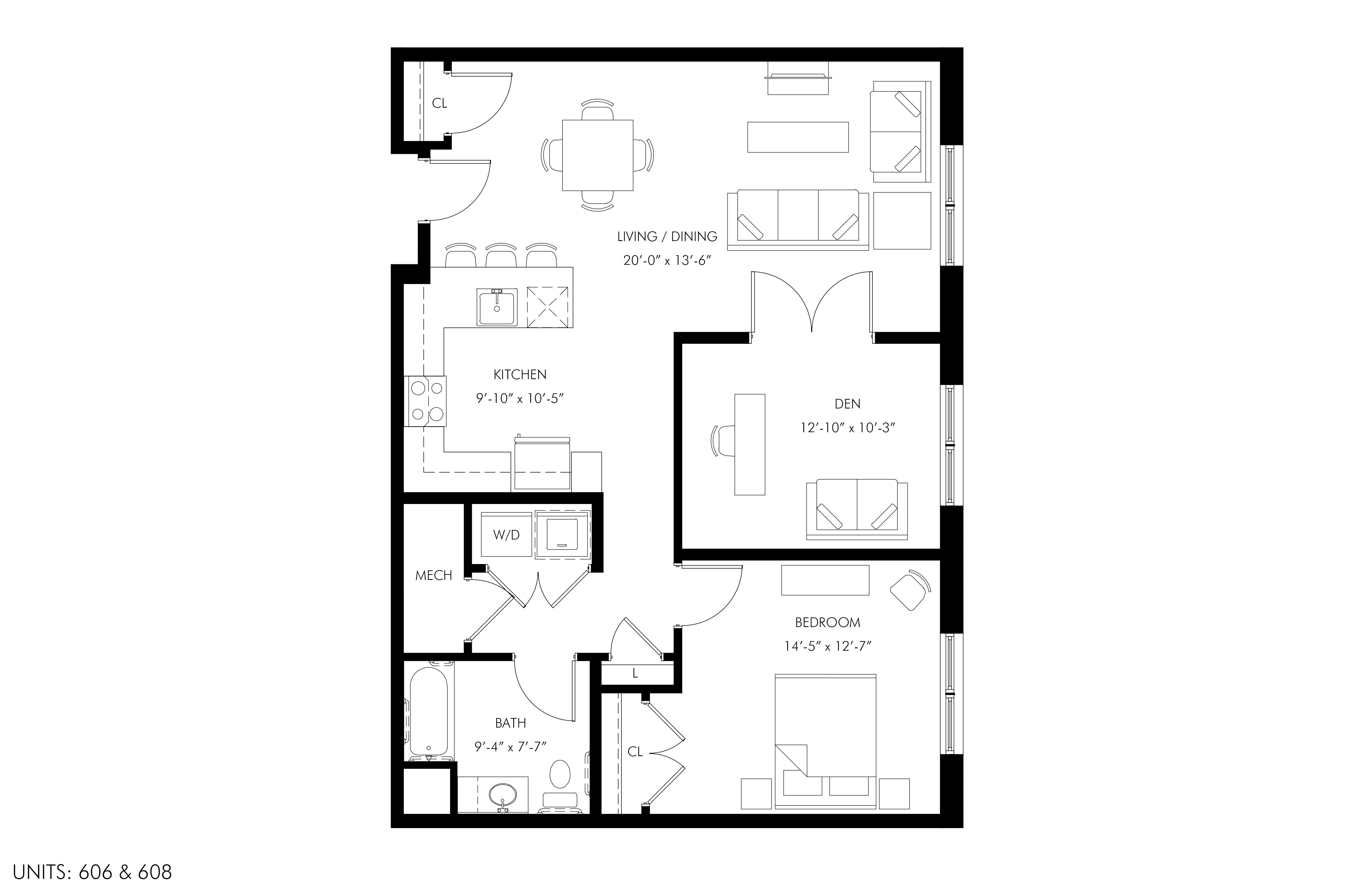 Floor plan for 1 bed, 1 bath, 980 sqft