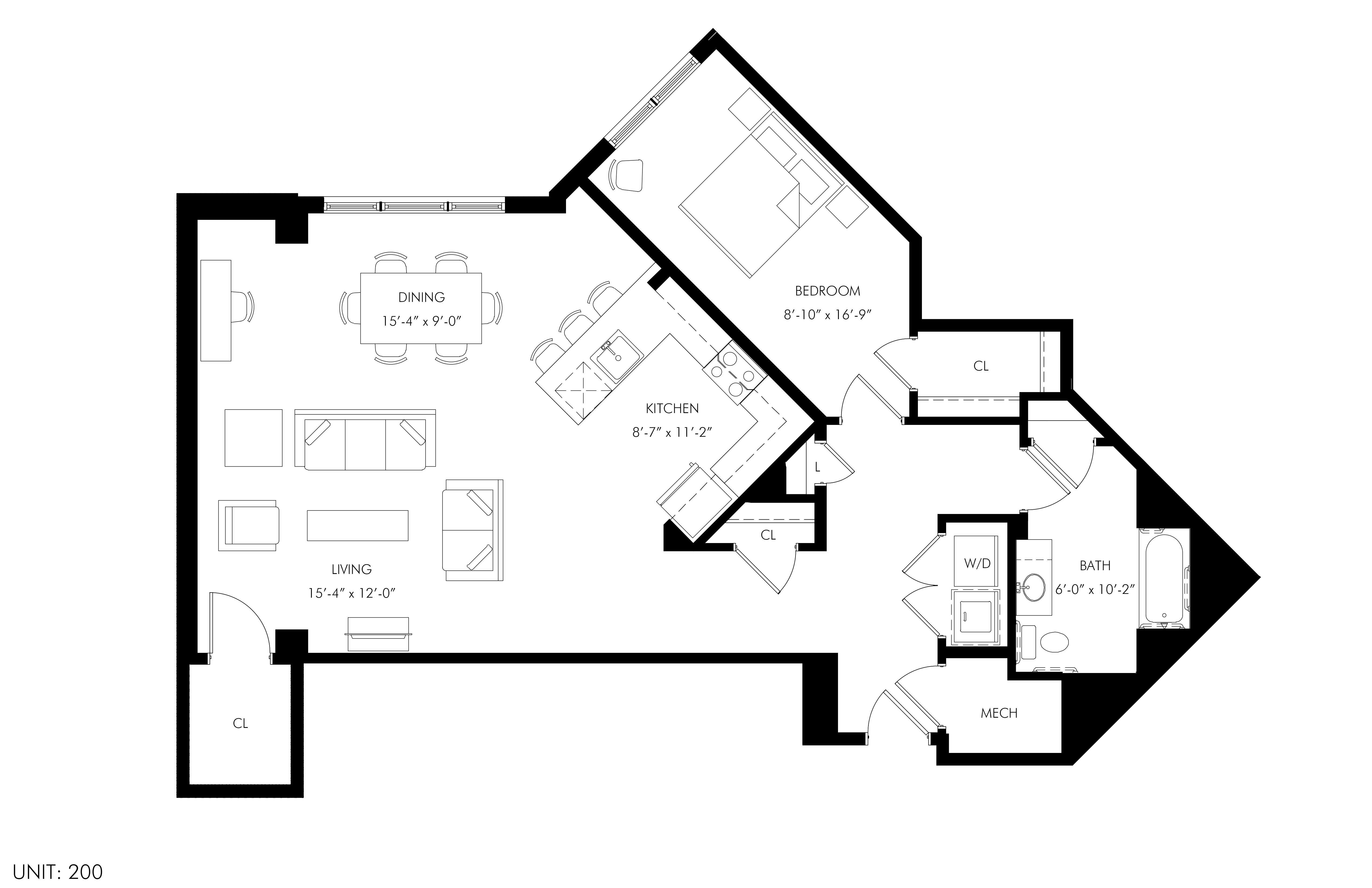 Floor plan for 1 bed, 1 bath, 1090 sqft