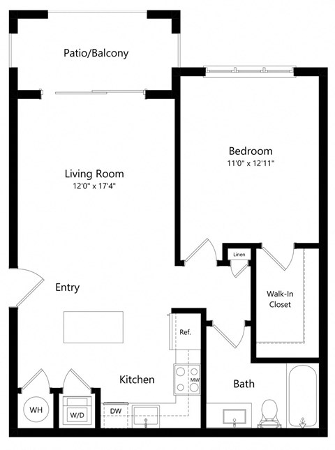 Floor plan for 1 bed, 1 bath, 732 sqft