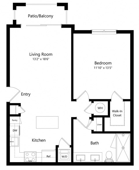 Floor plan for 1 bed, 1 bath, 798 sqft