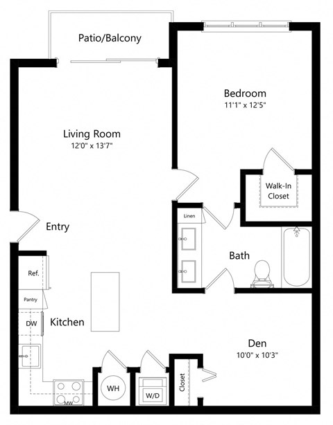 Floor plan for 1 bed, 1 bath, 861 sqft