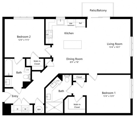 Floor plan for 2 beds, 2 baths, 1168 sqft