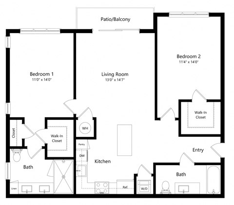Floor plan for 2 beds, 2 baths, 1112 sqft