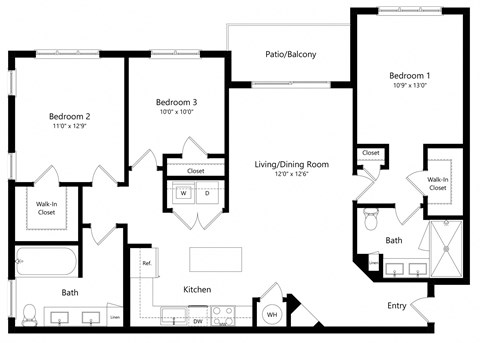 Floor plan for 3 beds, 2 baths, 1358 sqft