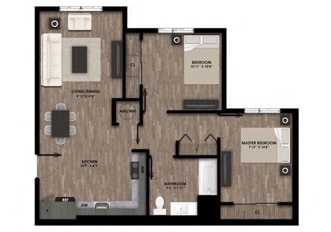 Floor plan for 2 beds, 1 bath, 833 sqft