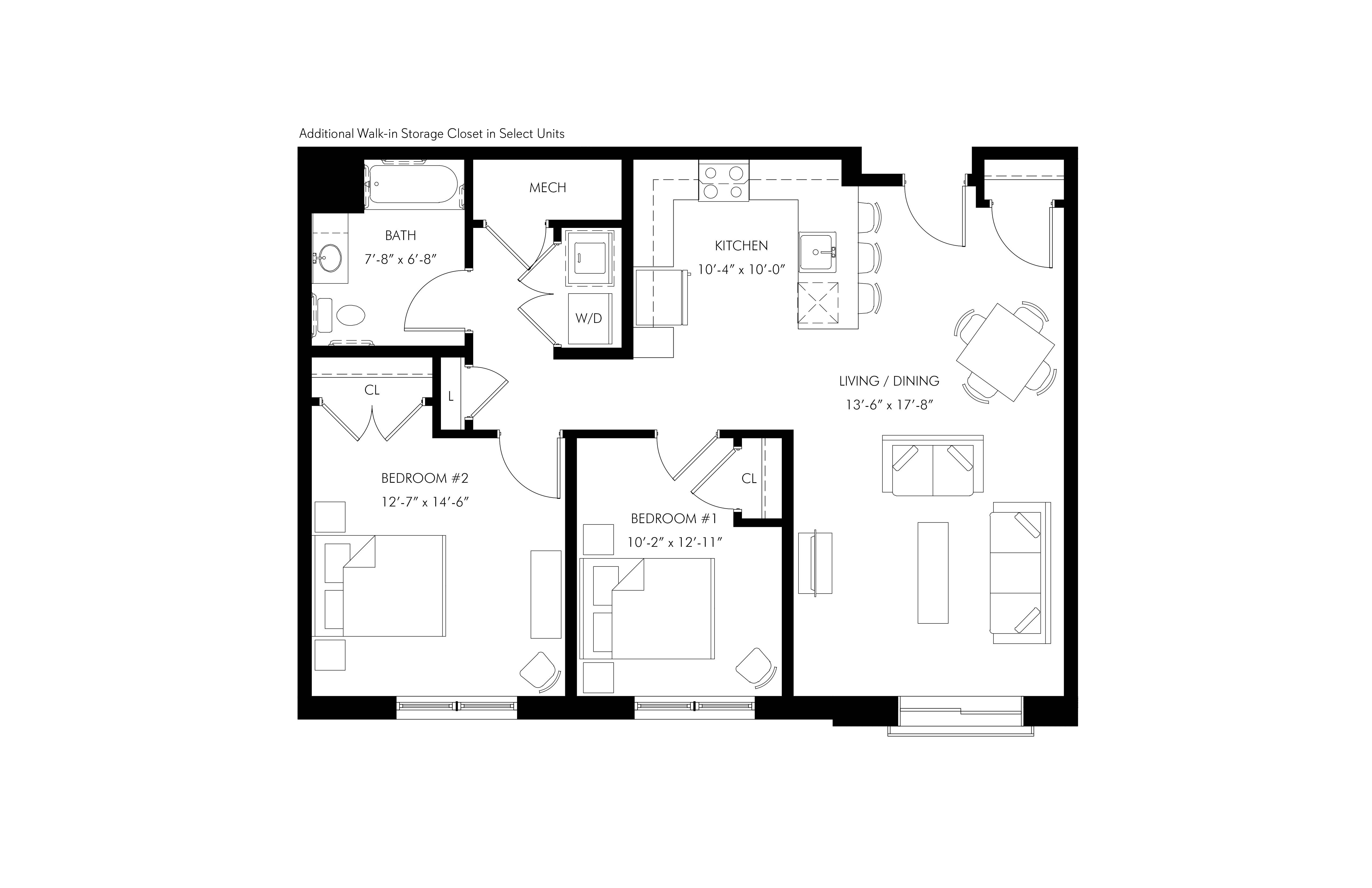 Floor plan for 2 beds, 1 bath, 1050 sqft