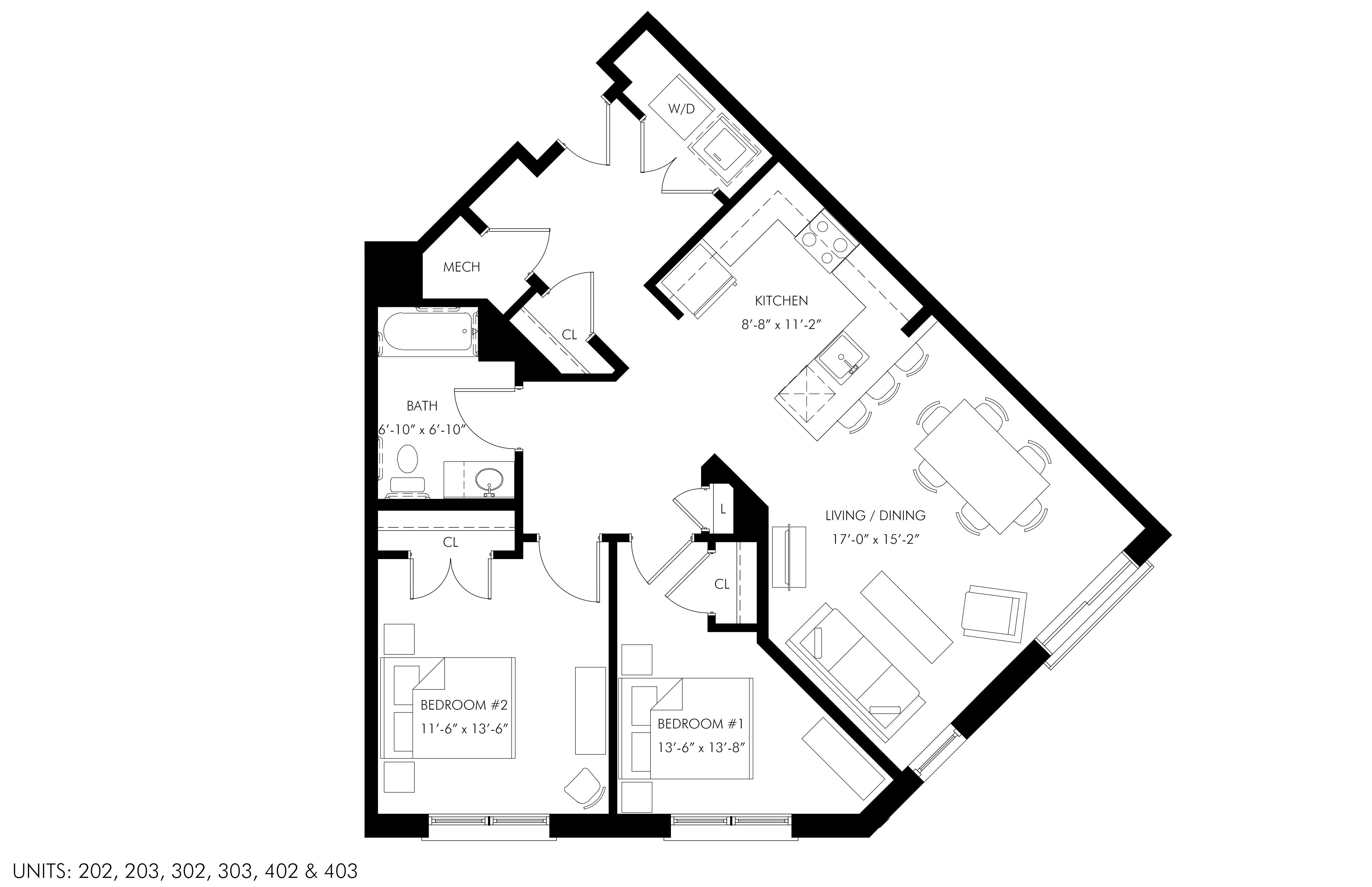 Floor plan for 2 beds, 1 bath, 980 sqft