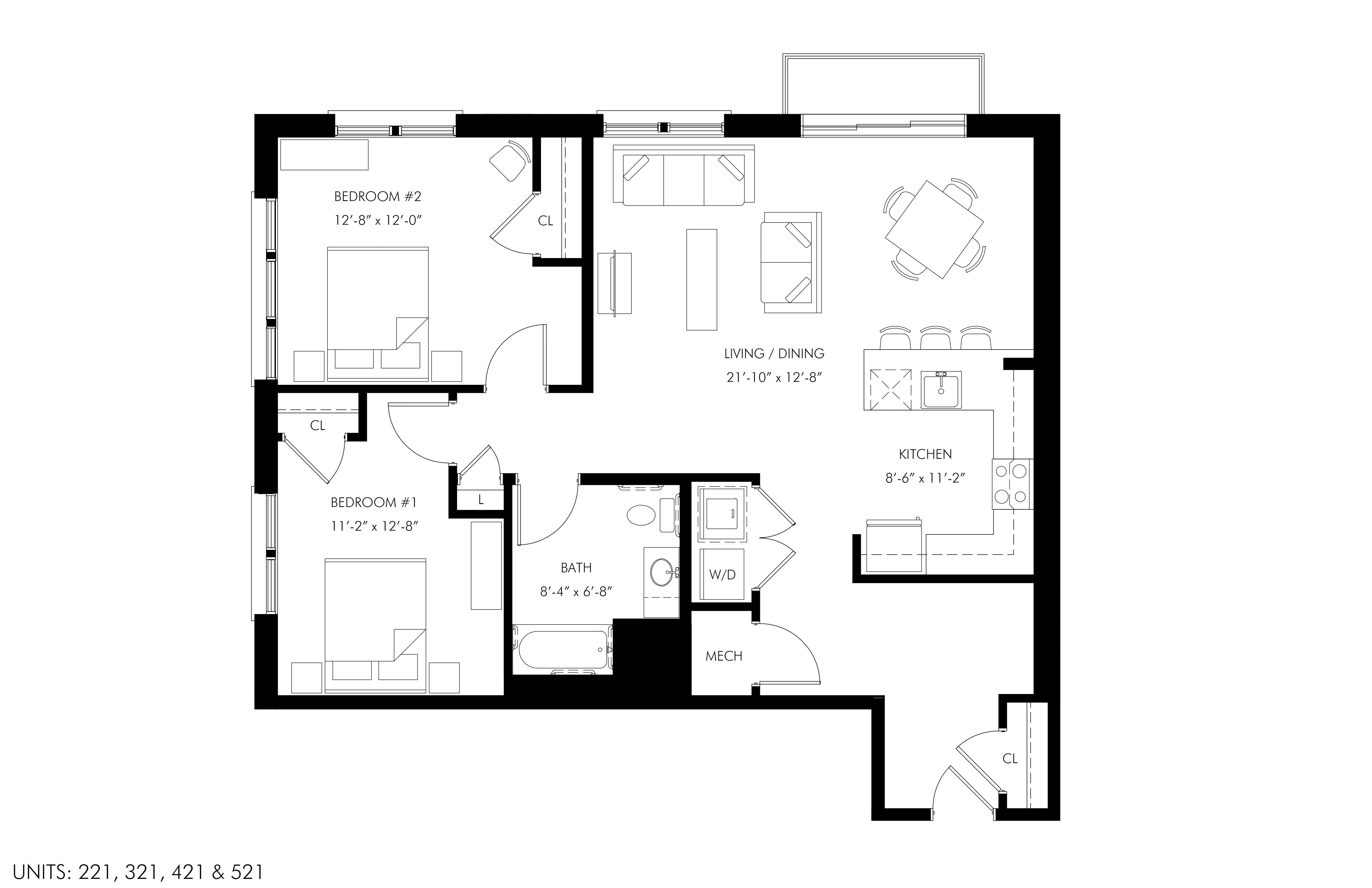 Floor plan for 2 beds, 1 bath, 1080 sqft