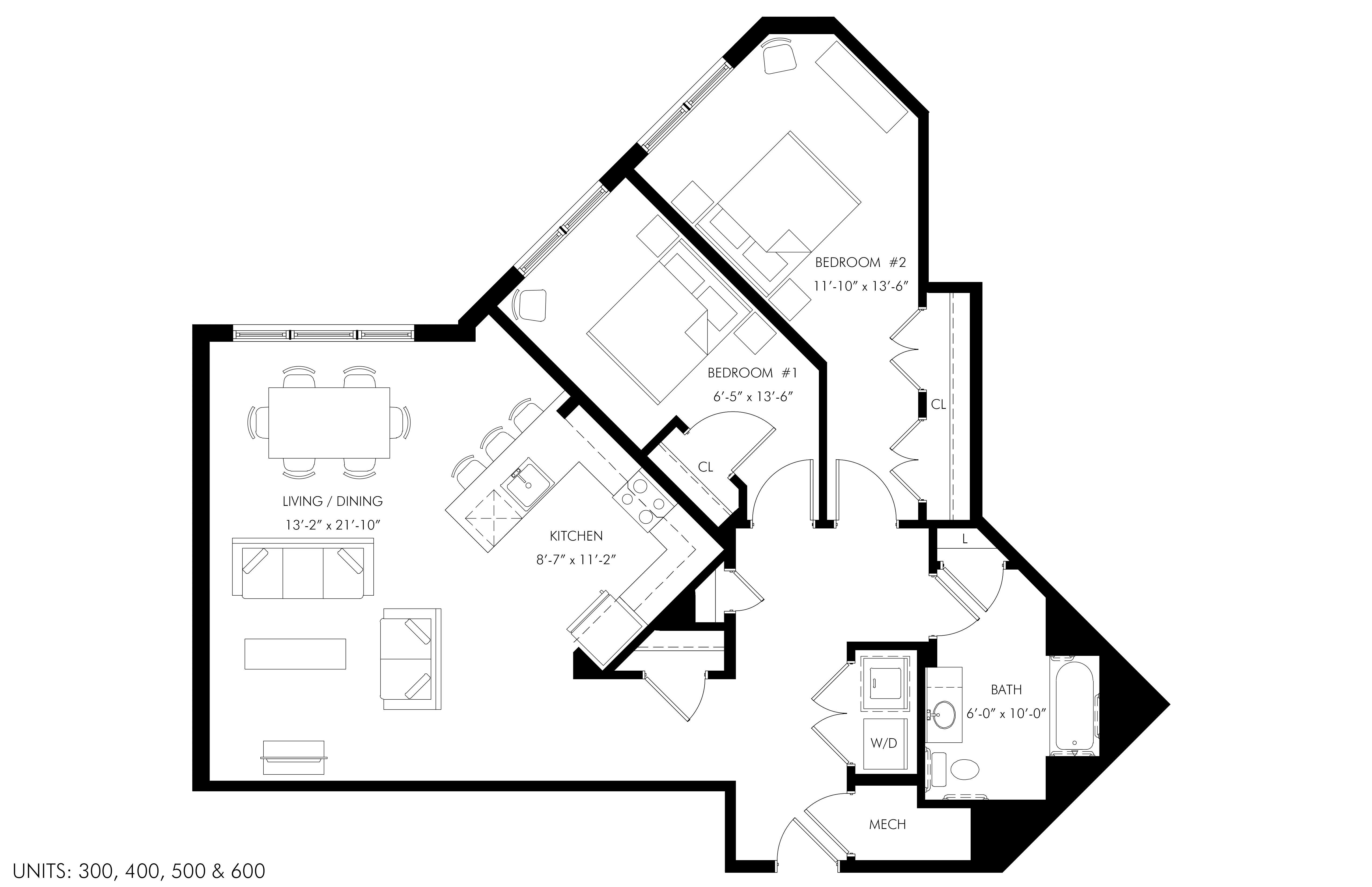 Floor plan for 2 beds, 1 bath, 1160 sqft