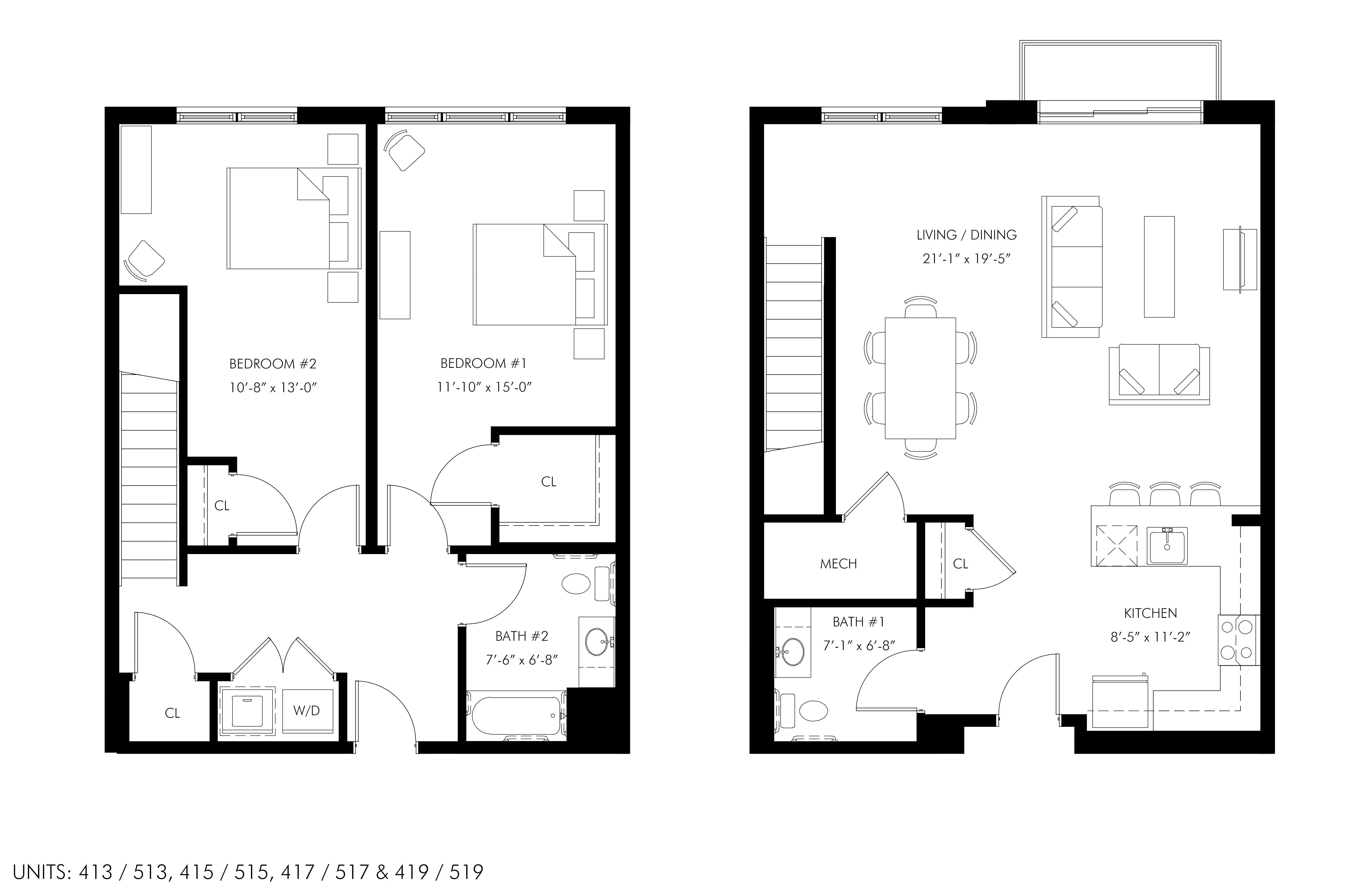 Floor plan for 2 beds, 1.5 baths, 1580 sqft