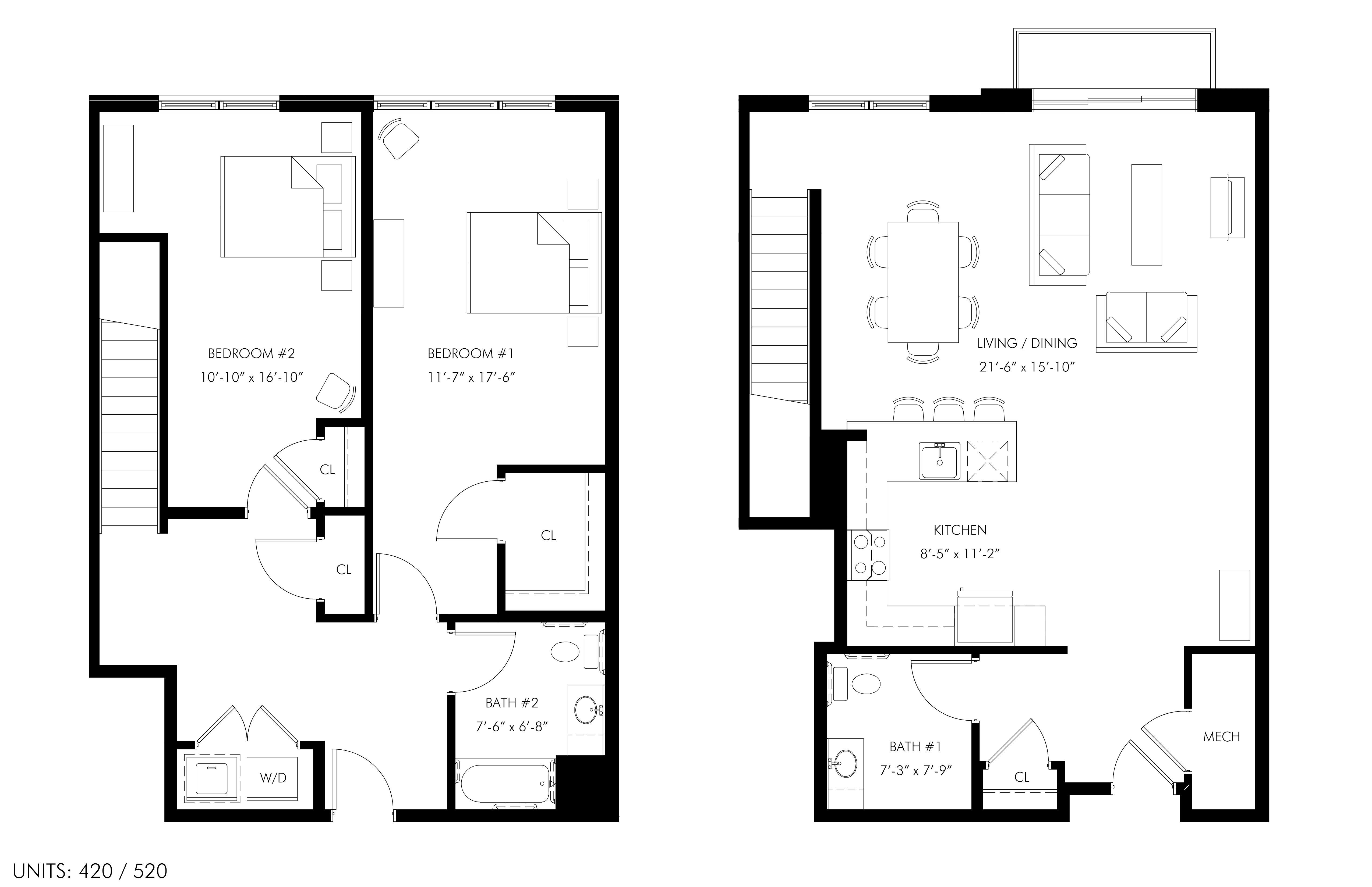 Floor plan for 2 beds, 1.5 baths, 1625 sqft