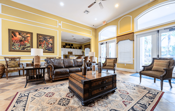 Tampa apartment for rent - A living room with a brown leather couch and a rug.