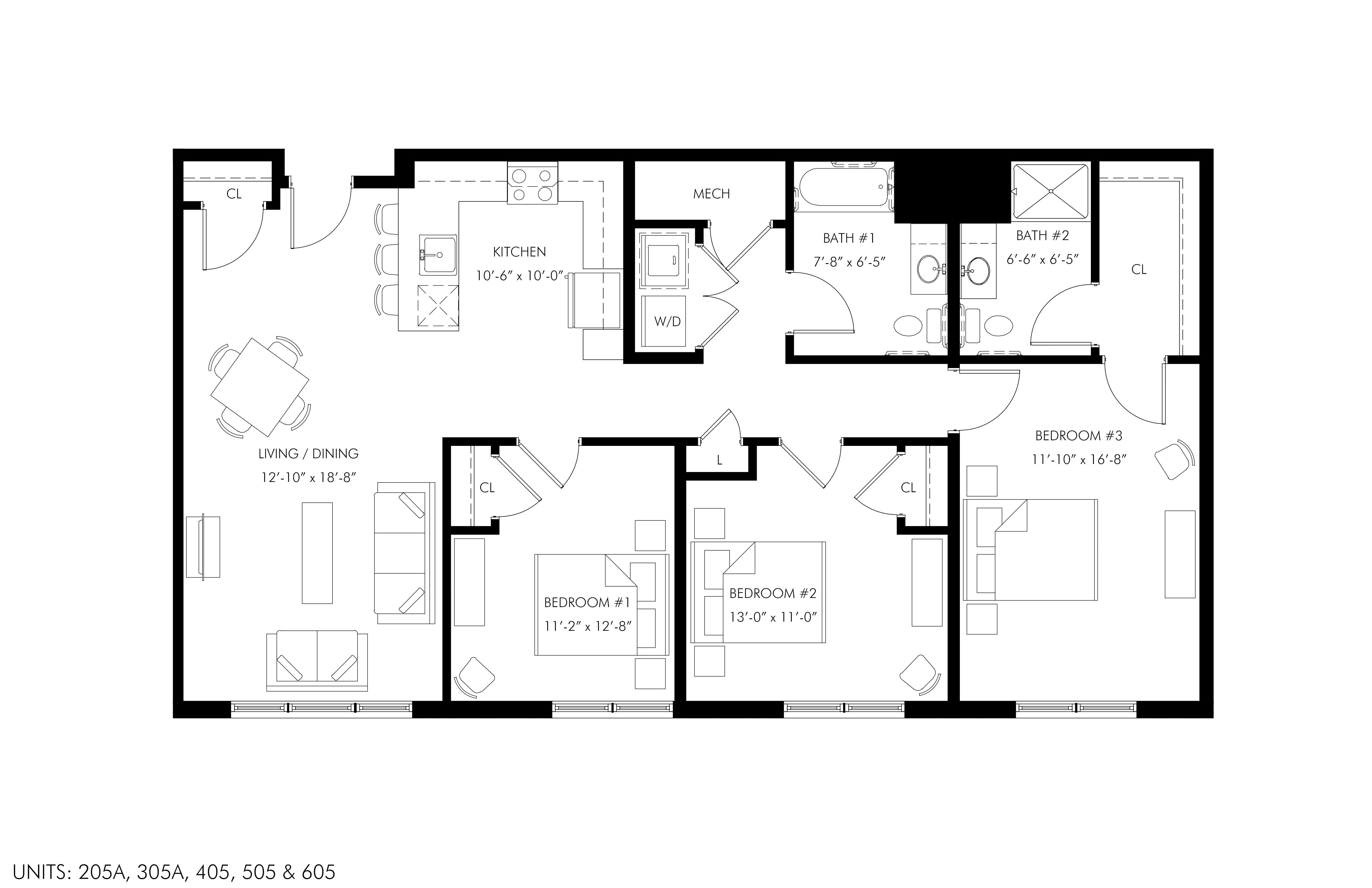 Floor plan for 3 beds, 2 baths, 1340 sqft