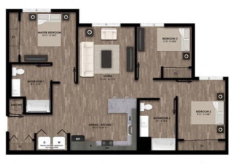 Floor plan for 3 beds, 2 baths, 1129 sqft