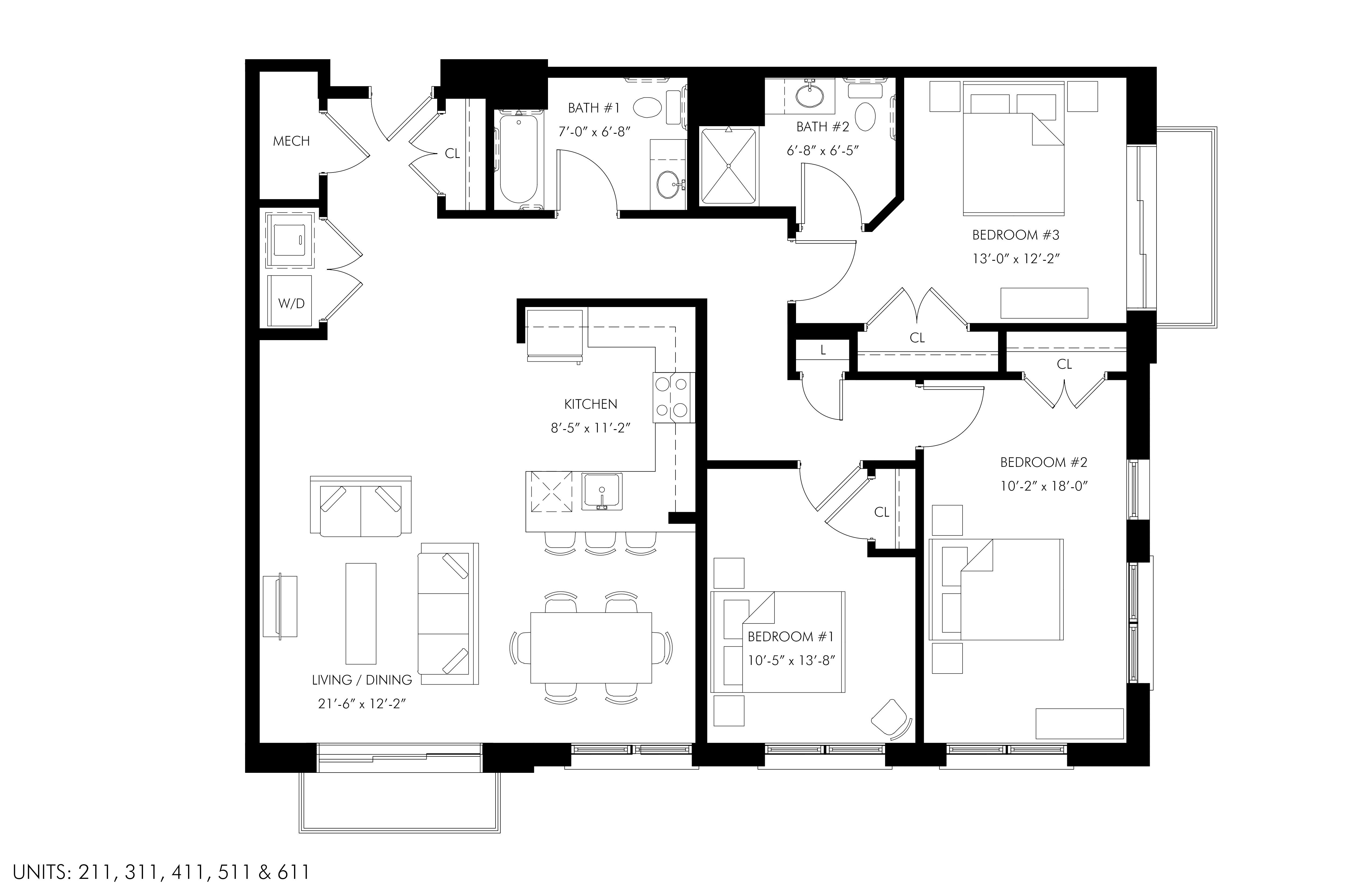 Floor plan for 3 beds, 2 baths, 1415 sqft